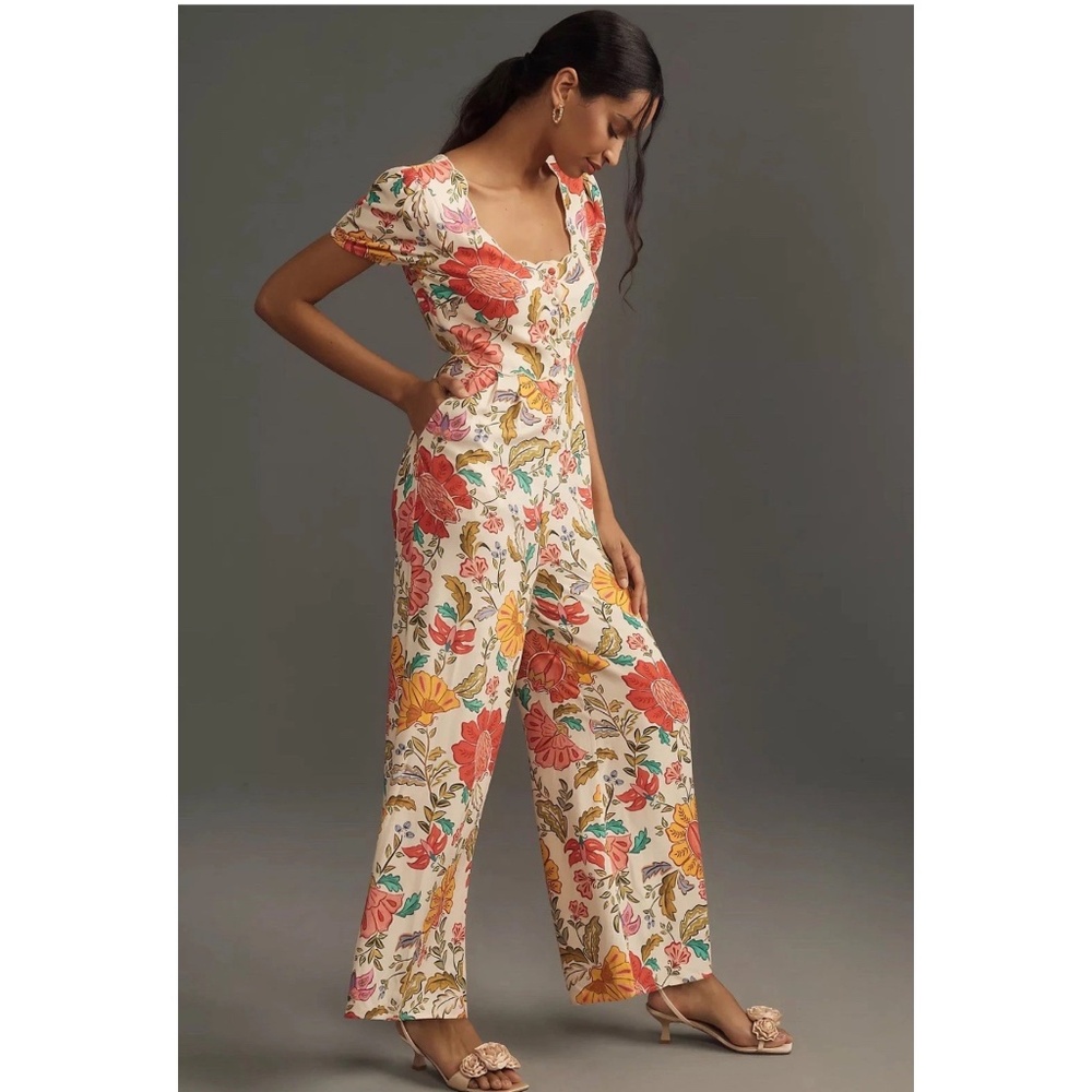 Farm Rio x Anthropologie Puff-Sleeve Floral Jumpsuit